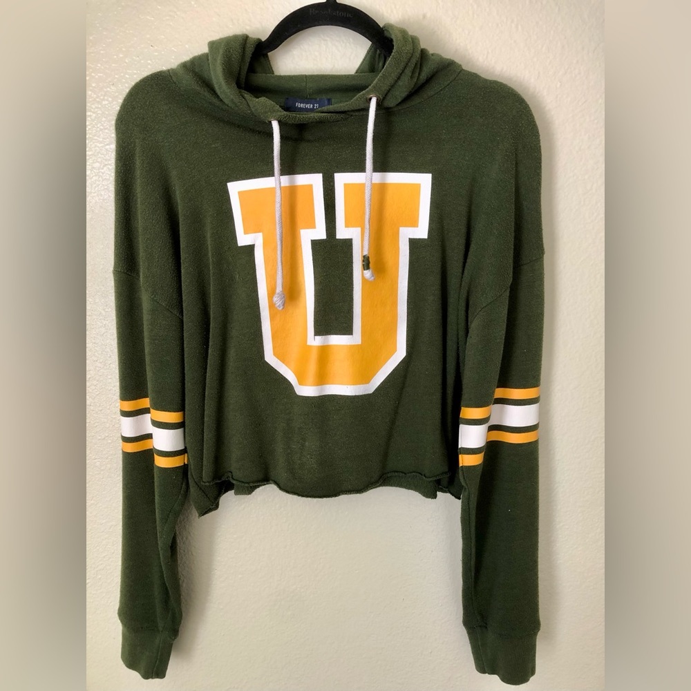 Forever 21 dark green cropped hoodie, with yellow U letter, stripes on sleeves
